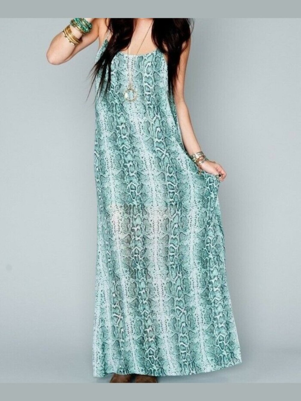 $179 SHOW ME YOUR MUMU Turquoise Green Snakeskin T-Rex Maxi Dress Summer Flowy M